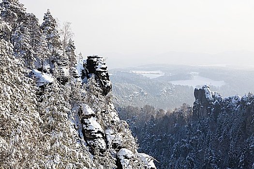 沙岩构造,冬天,国家公园,砂岩,山峦,萨克森,德国