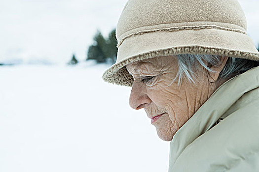 老年,女人,雪景,俯视,上半身