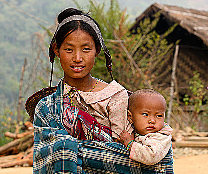 缅甸,山,孩子,母亲,传统,篮子,头部,乡村