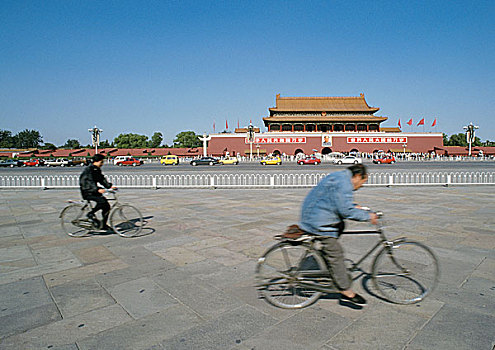 中国,北京,两个人,骑,自行车,街道,正面,故宫