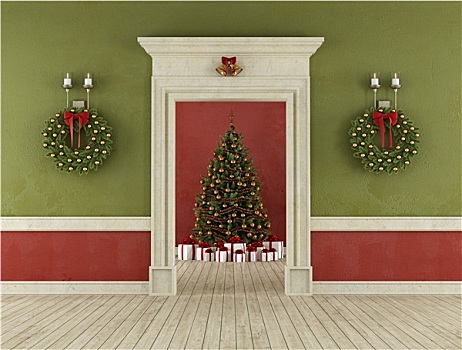 复古,房间,圣诞树
