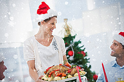 愉悦,女人,穿,圣诞帽,烤鸡