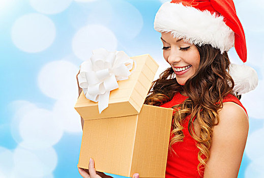 圣诞节,休假,庆贺,人,概念,微笑,女人,红裙,小,礼盒,上方,蓝色,背景