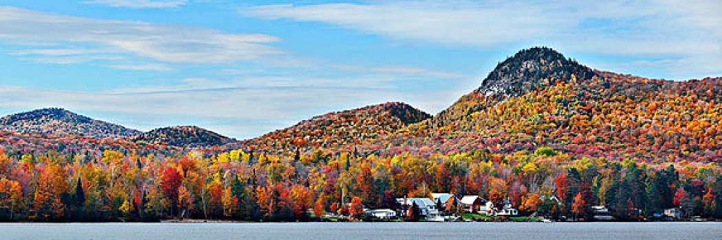 湖,房子,秋叶,山,新英格兰