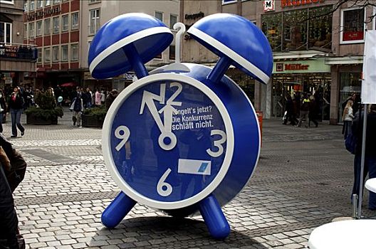 蓝色,闹钟,广告,街上,纽伦堡,中间,弗兰克尼亚,巴伐利亚,德国,欧洲