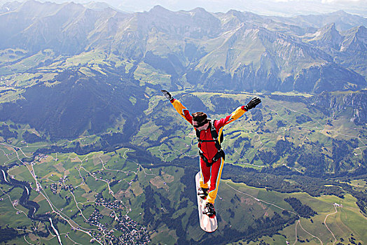 俯拍,跳伞运动员,冲浪,天空,滑板,上方,山