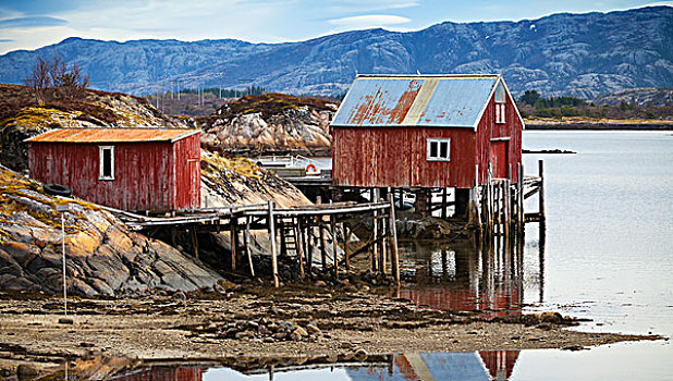 沿岸,挪威,红色,木质,谷仓,房子,堆放