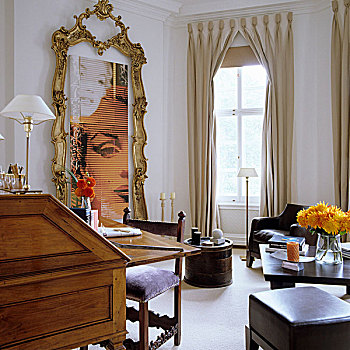 客厅,金色,画框,优雅,齐地,帘