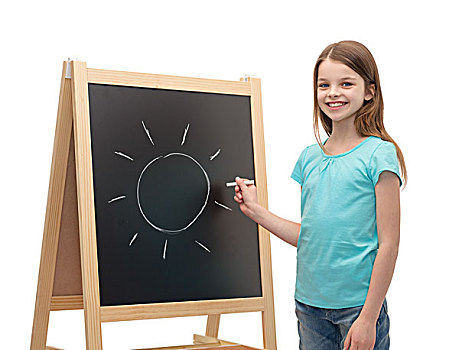 人,艺术,教育,概念,高兴,小女孩,太阳,黑板
