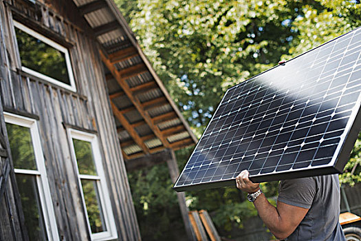一个,男人,太阳能电池板,绿色,工地,工作,建筑,项目