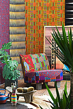 非洲,风格,彩色,图案,椅子,正面,鲜明,壁挂,围绕,热带,盆栽