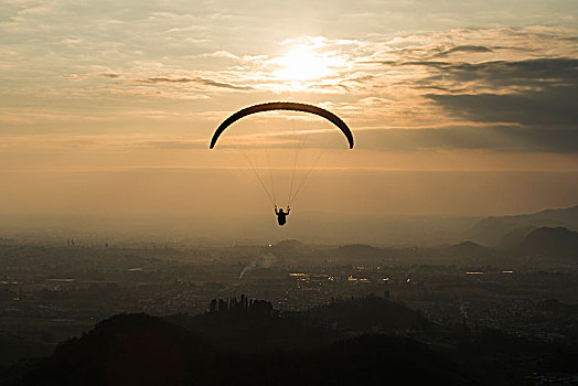 滑翔伞,俯视,傍晚,威尼托,意大利,欧洲