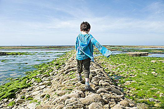 男孩,走,防波堤,法国