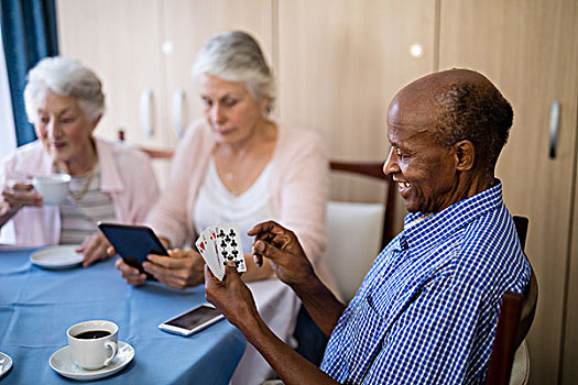 老人,纸牌,朋友,咖啡,桌子,养老院