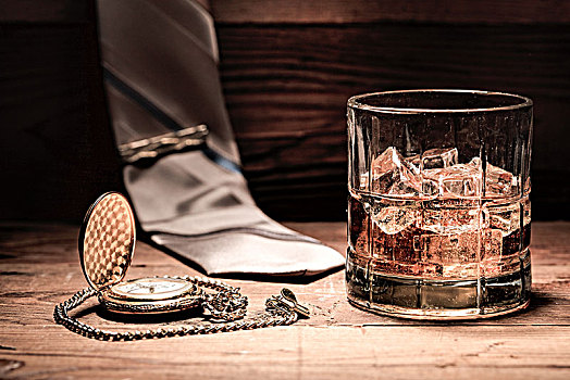 酒,领带,怀表,概念,玻璃杯