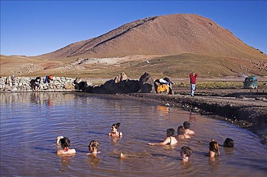 人,浴,间歇泉,阿塔卡马沙漠,南美