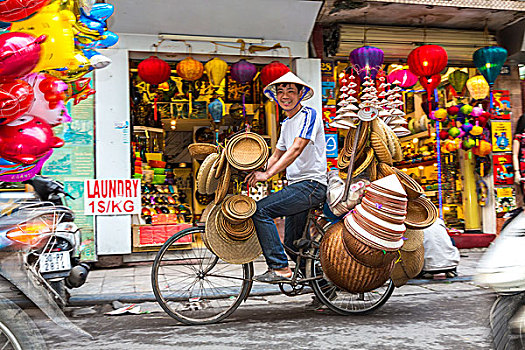 传统,篮子,帽子,销售,自行车,河内,越南