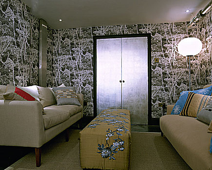 现代,起居室,抽象,壁纸,沙发,光泽,银,门
