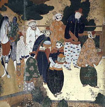 特写,屏风,葡萄牙人,日本,日本人,早,17世纪