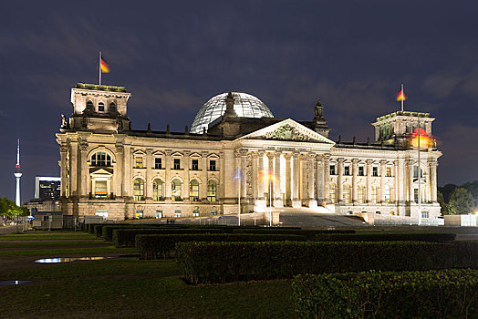 德国国会大厦,夜晚,后面,电视塔,政府,区域,柏林,德国,欧洲