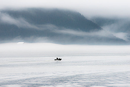 孤单,捕鱼,船,室外,雾,早晨,阿拉斯加,大幅,尺寸