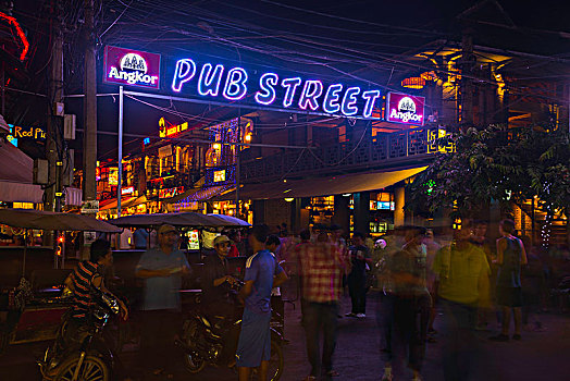 霓虹灯,文字,酒吧,街道,夜晚,夜生活,收获,吴哥,柬埔寨,亚洲