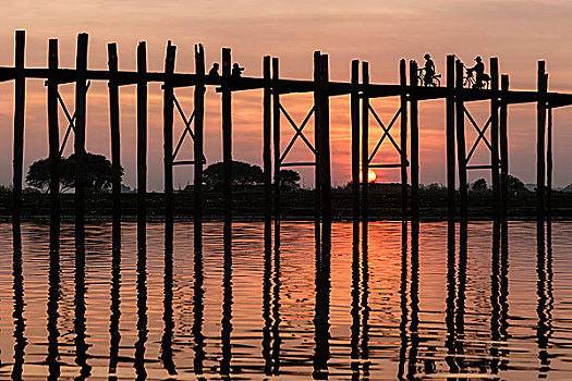 乌本桥,晚上,亮光,靠近,曼德勒,缅甸,亚洲