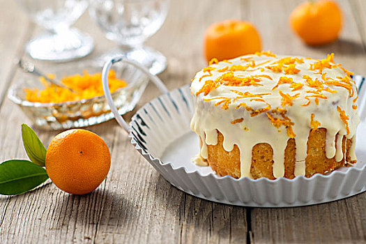 小,橘子蛋糕,白色,糖衣,木桌子