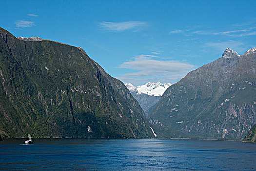新西兰,峡湾国家公园,米尔福德峡湾,景色,峡湾,雪冠,山,瀑布,大幅,尺寸