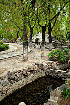 中國古典園林湖泊中的石板路和拱形橋