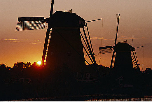 剪影,风车,日落,荷兰