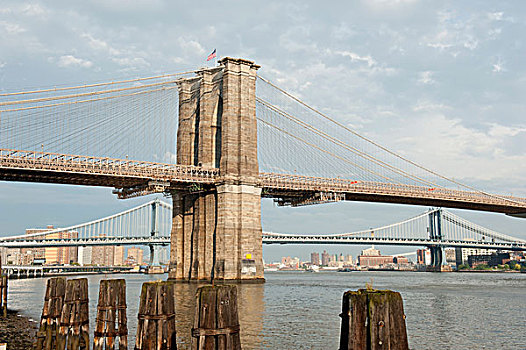 曼哈顿,布鲁克林大桥,曼哈顿大桥,后面,吊桥,两个,桥,地区,东河,纽约,美国,北美