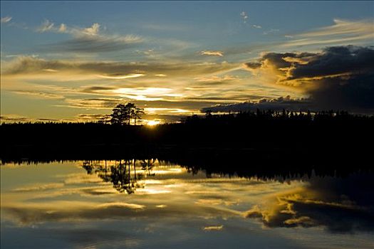 日落,反射,湖,国家公园,芬兰,欧洲
