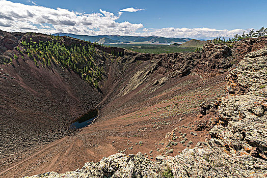 火山,火山口,白色,湖,背景,地区,北方,省,蒙古