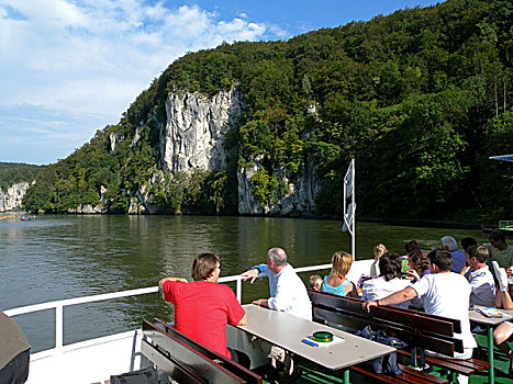 人,甲板,乘客,船,间隙,多瑙河,河,靠近,威尔顿堡,自然,公园,巴伐利亚,德国,欧洲