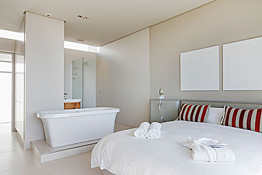床,浴缸,现代,卧室