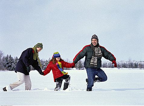 家庭,走,大雪,握手