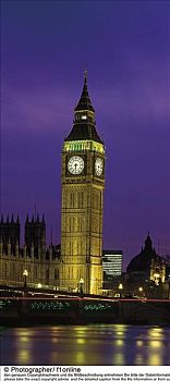 大本钟塔,威斯敏斯特宫,光亮,泰晤士河,议会,伦敦,英格兰,英国,欧洲,世界遗产