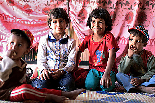 头像,四个孩子,坐,帐蓬,生活方式,父母,叙利亚,九月,2009年