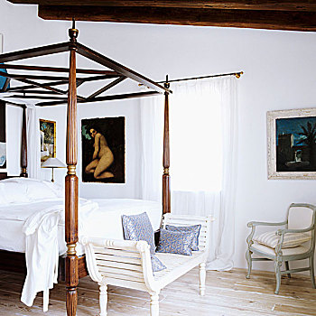 四柱床,优雅,木框,椅子