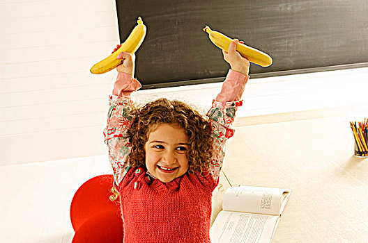 女孩,拿着,两个,香蕉