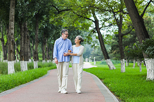 幸福的老年夫妇在公园散步