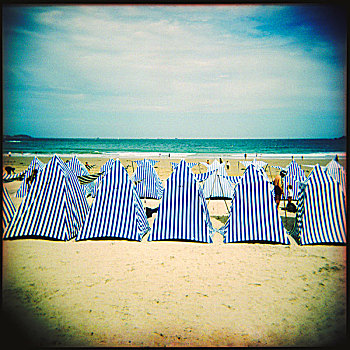 海滩,帐篷,蓝色,白色,条纹,黄色,沙子,布列塔尼,法国