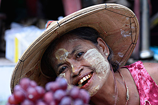 摊贩,女人,市场,脸,化妆,孟邦,缅甸