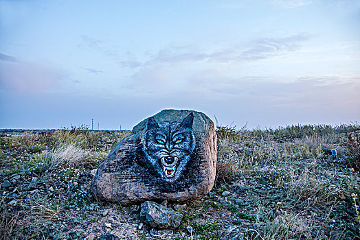 新疆奇台县江布拉克景区乱石滩上绘制的独狼图