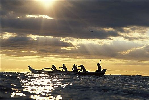 夏威夷,舷外支架,独木舟,剪影,日落,金色,光线