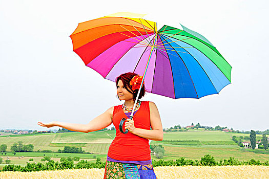女人,拿着,彩色,伞