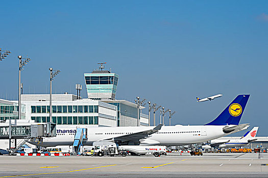 汉莎航空公司,空中客车,空气,塔,卫星,航站楼,慕尼黑,巴伐利亚,机场,德国,欧洲