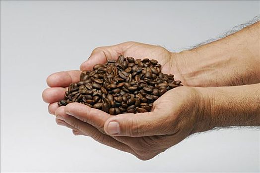 两只,手,满,咖啡豆