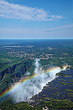 彩虹,飞溅,航拍,维多利亚瀑布,莫西奥图尼亚,烟,赞比西河,津巴布韦,赞比亚,边界,非洲